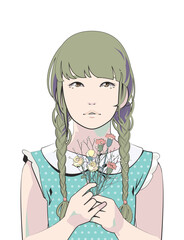 花を持つ三つ編みの女の子