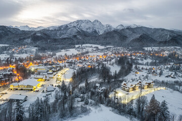 Zakopane townscape in winter at sunrise, aerial drone view