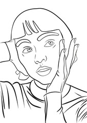 Illustration d’un portait d’une jeune fille possédant une coupe au carré, les mains sur le visage. Dessin minimaliste au trait noir. Image lier à la femme et au cosmétique, icône de marque de luxe