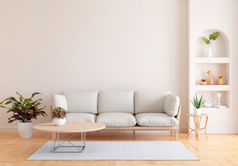 Fototapeta na wymiar Brown sofa in living room with copy space, 3D rendering