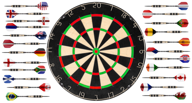 set collection of professional sisal steel dartboard and darts with national flags isolated on white background. dart sport hobby leisure time concept