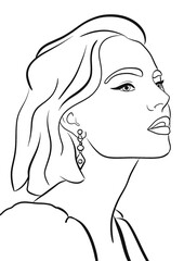 Illustration d’un portait d’une jeune fille vu de profil, aux cheveux mi-long. Dessin minimaliste au trait noir. Image lier à la femme, la mode et au cosmétique, icône de marque de luxe