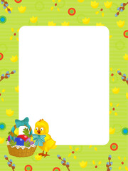 cartoon scene with easter chicken with egg basket frame isolated illustration for children