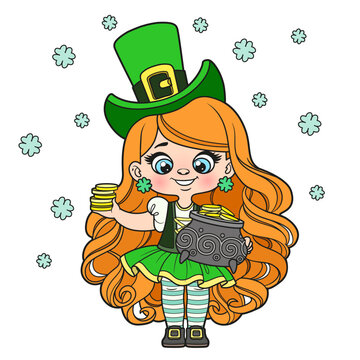 Cute cartoon long haired leprechaun girl  with a pot of gold color variation for coloring page on white background