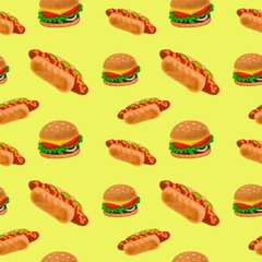 pattern hamburger and hot dog on a bright green background