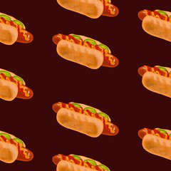 hot dog pattern, hot food and hamburger on dark background. seamless background with bread
