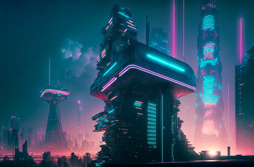 Futuristic neon illuminated megapolis with skyscrapers and high towers at night light. Postproducted generative AI digital illustration.