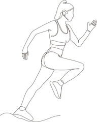 Continuous line drawing. Sport woman running on white background. Vector illustration