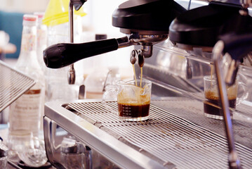 Freshly brewed coffee in a coffee shop.