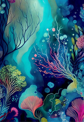 Naklejka na ściany i meble Coral reef in the sea, alcohol ink painting with beautiful underwater view