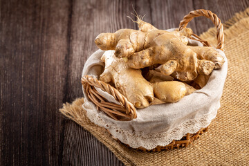 Organic fresh ginger root on the table.