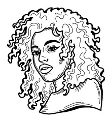 Beautiful young black woman smiling with white teeth. Model girl for beauty salon, hairdressing, cosmetic shop. Girl with long dark hair and big eyes. Hand drawn illustration. Cartoon style drawing.