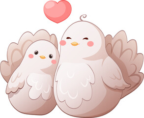 Pair of cute cartoon pigeons with heart, love of white birds