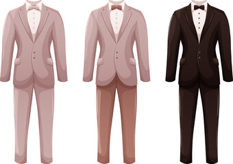 Set of cartoon men's suits, white, gray-brown and black groom's wedding suit