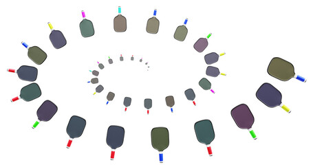 Spiral of multi-colored pickleball rackets on a transparent background. Sports game 3D rendering