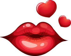 Cartoon red lips, kiss, air kiss with hearts isolated