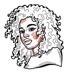 Beautiful young black woman smiling with white teeth. Model girl for beauty salon, hairdressing, cosmetic shop. Girl with long dark hair and big eyes. Hand drawn illustration. Cartoon style drawing.