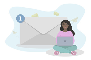 Message notification concept, woman working from home sitting on a floor and checking new messages, student or freelancer.