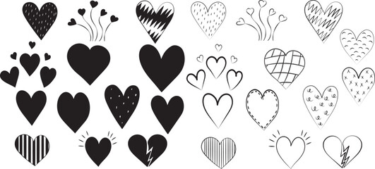 heart collection doodle sketch ,outline on white background isolated vector