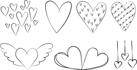 heart collection doodle sketch ,outline on white background isolated