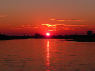 Sunset on the Rhine at the state parliament in Dusseldorf Germany