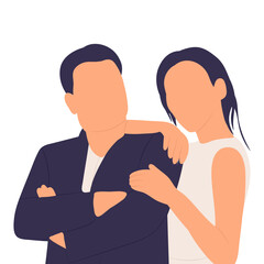 portrait of bride and groom, wedding in flat style, isolated