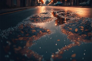 a wet street with a puddle of water on it and a car driving down the road in the distance with a street light in the background and a puddle of water on the ground