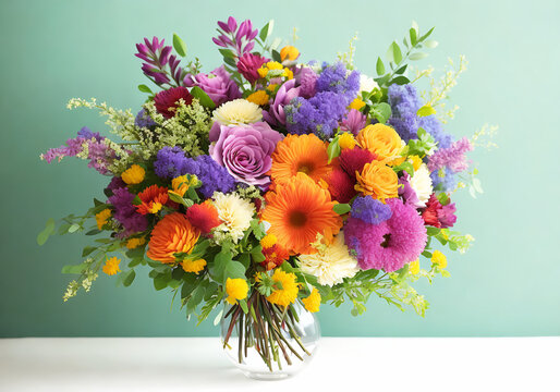 Beautiful, vivid, colorful mixed flower bouquet still life detail Generative AI