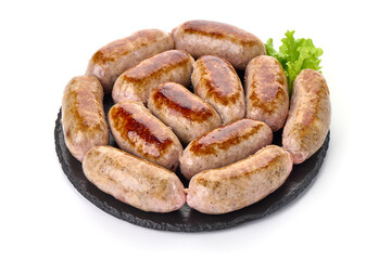 Grilled pork bangers, isolated on white background.