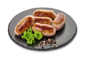 Grilled pork bangers, isolated on white background.
