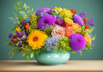 Floral bouquet using a unique arrangement of flowers with pastel hues and tones. Studio setting clean backdrop Generative AI
