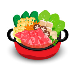 shabu restaurant logo vector illustration.Hot pot with vegetables and meat isolated on white background.