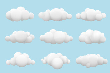 3d render set cartoon white clouds, isolated on blue background.