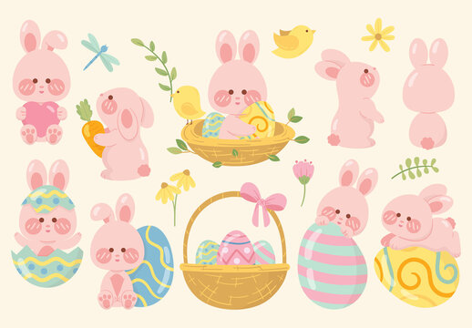 Cute Easter Bunny Easter Eggs Clipart Illustrations
