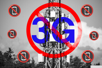 End of life for 3rd generation or 3G cell mobile networks illustrated with sign superimposed on...