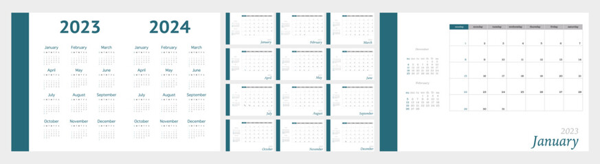 Vector calendar for 2023 and 2024. The week starts on Sunday. Wall calendar in a minimalist style on a light gray background. In green color.