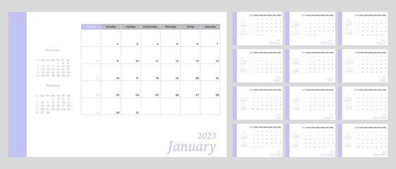 Vector calendar for 2023 and 2024. The week starts on Sunday. Wall calendar in a minimalist style on a light gray background. In purple color.