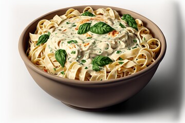 a bowl of pasta with sauce and basil leaves on top of it.