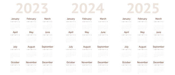 Vector calendar for 2023, 2024, 2025. The week starts on Sunday. Wall calendar in minimalist style on white. In light brown tones.