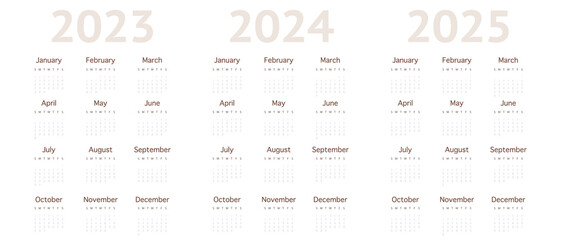 Vector calendar for 2023, 2024, 2025. The week starts on Sunday. Wall calendar in minimalist style on white. In light brown tones.