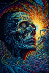 a hyper surrealistic psychedelic of skull detailed digital painting. Dynamic pose, Color Grading and High detailed. Fit for book cover, wallpaper, banner, digital music album cover, background.