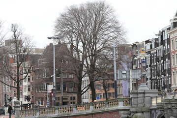 Amsterdam Street View with Buildings and Bridge Balustrade, Netherlands