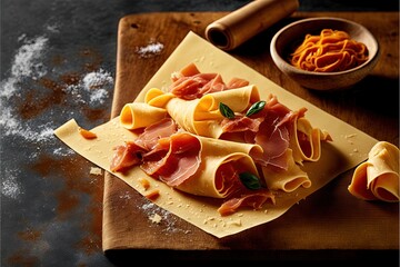 a wooden cutting board topped with pasta and meats on top of it's sides.