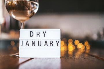 Challenge dry January. Wine glass with water. Non-alcoholic month. - obrazy, fototapety, plakaty