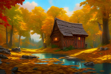 Autumn beautiful landscape with a wooden house.