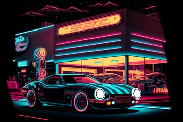 Future Retro Cartoon car with neon sign and lights. Colorful with dark background generative ai