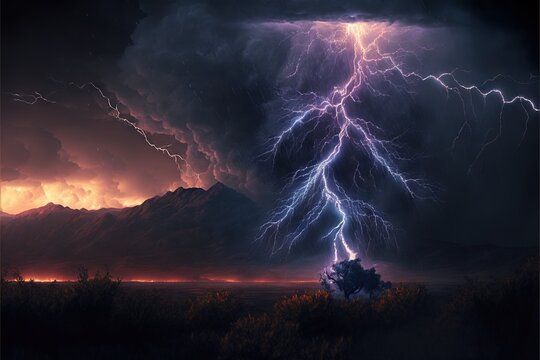 a lightning storm is seen over a mountain range in the distance.