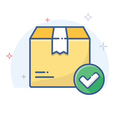 Cardboard box with check mark linear icon. Delivered order vector illustration. - 558931175