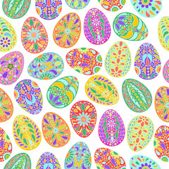 Easter eggs pattern. Color egg background. Easter symbol. Fabric Easter texture. Egg hunt vector illustration. Happy Easter day backdrop. Painted eggs print.