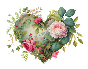 Romantic heart vignette made of vintage flowers and leaves of roses in gentle retro style watercolor painting generative AI art	 - 558931523
